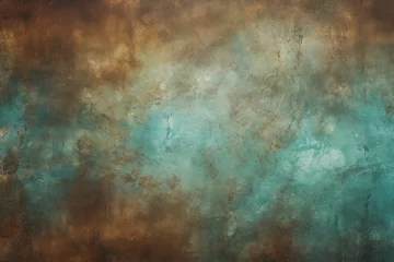 Foto op Plexiglas dramatic, textured abstract background with a vivid transition from turquoise to rust hues, suggesting an aged copper patina or an artistic, weathered wall. © Enigma