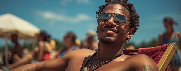 sunbathing happy african american man on the beach