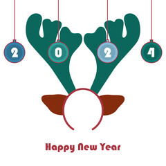 Happy New Year 2024 card with horned reindeer headband on white background vector illustration