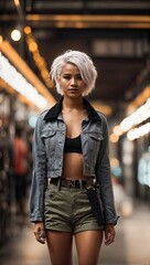model posing with blonde hair and denim jacket - Generative AI