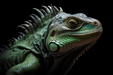 Obraz premium Majestic Encounter: Green Iguana's Enigmatic Portrait Against the Void