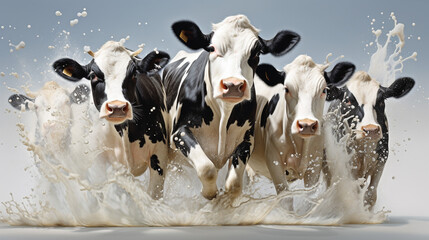 Splashes of milk fly on a milky white poster with the image of cows and many details. Nice background. - obrazy, fototapety, plakaty