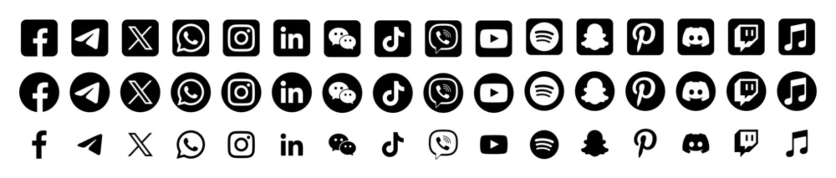 Set of Social media icon:Twitter x,Facebook,Instagram, Threads,Snapchat, Youtube,Whatsapp, Telegram. Contact and Communication Icons.Set of Web icon.Vector Editorial