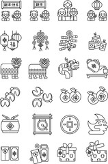 Pixel perfect icon set about Chinese Lunar New Year. Lantern, ornament, decor decoration. Thin line icons, flat vector illustrations. Isolated on white, transparent background