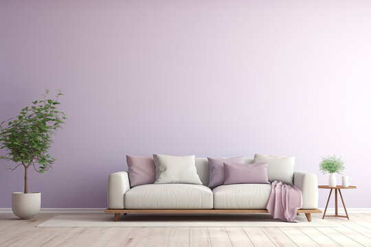 An image of a room with a pastel lavender-colored wall, a beatiful sofa and plants. Copy space