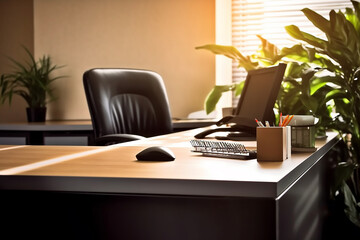 Modern office desk with a computer, keyboard, and plant in the background