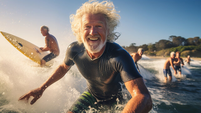 laughing happy middle-aged blond man with a beard surfing with friends on the sea beach, high quality photo