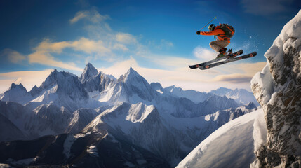 Ski jumper soars against majestic mountain range - obrazy, fototapety, plakaty