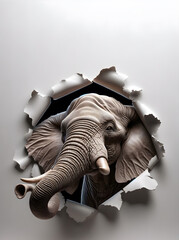 éléphant sortant la tête d'une déchirure faite dans un papier blanc