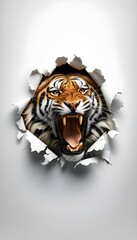 Tigre sortant la t&ecirc;te d'une d&eacute;chirure faite dans un papier blanc