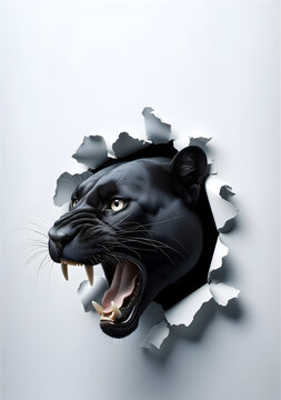 Panth&egrave;re sortant la t&ecirc;te d'une d&eacute;chirure faite dans un papier blanc