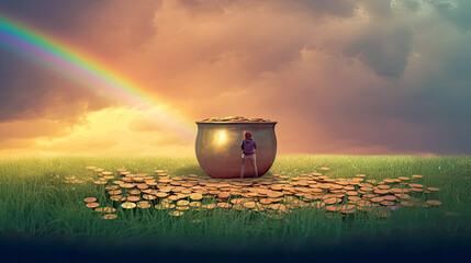 Gold at the rainbows end, Leprechauns pot on St. Patricks Day a charming visual capturing the folklore magic amidst festive holiday hues. - obrazy, fototapety, plakaty