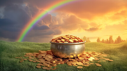 Leprechauns bounty, Pot of gold, rainbow backdrop a magical St. Patricks Day illustration, blending whimsy with the vibrant spirit of the holiday. - obrazy, fototapety, plakaty