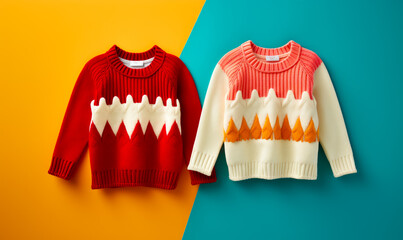 Kids' handcrafted sweaters showcased against a lively backdrop