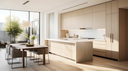 neutral color palette, minimalist cabinetry, natural light, hardwood flooring, stainless steel fixtures, clean lines, functional layout mockup