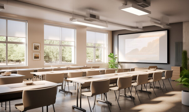 An up-to-date college communal study room equipped with white desks, chairs, a sizable projector screen, and a board.