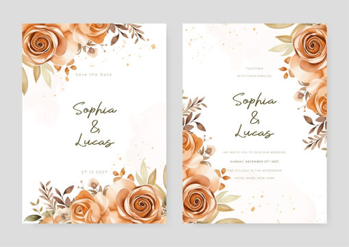 Beige rose beautiful wedding invitation card template set with flowers and floral