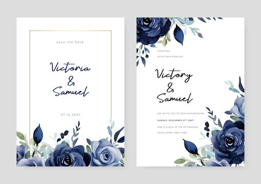 Blue rose luxury wedding invitation with golden line art flower and botanical leaves, shapes, watercolor