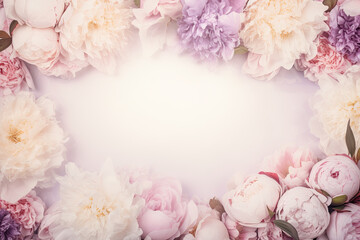 A border composed of fluffy peonies in pastel colors. The peonies are lush and full, providing a perfect canvas for Valentine's Day text.