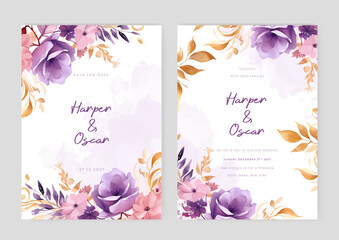 Pink and purple violet rose and cosmos wedding invitation card template with flower and floral watercolor texture vector