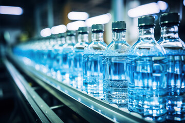 Vodka factory for the production. Blurred background. Selective focus. Brewery conveyor glass cognac drink alcohol bottles, modern production line. Manufacturing bottling drinks bottling plant. 