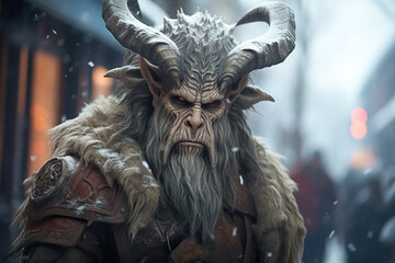 Krampus portrait. Krampus with horns walking in the winter city. Krampus is a Christmas Devil or a Yule Lord.