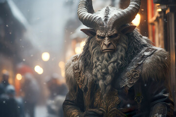 Krampus portrait. Krampus with horns walking in the winter city. Krampus is a Christmas Devil or a Yule Lord.