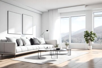 Fototapeta premium Interior of a white minimalist living room with sofa, art of a large wall, wooden floor and white landscape beyond the window