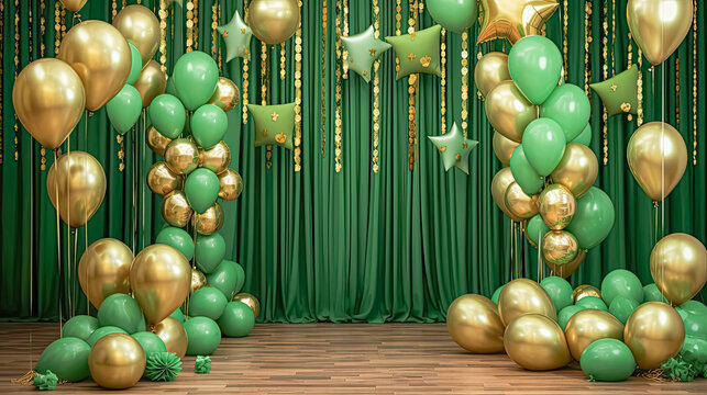 Festive air, Green and gold balloons backdrop a celebratory scene, creating a lively atmosphere for St. Patricks Day photo shoots with dynamic colors.