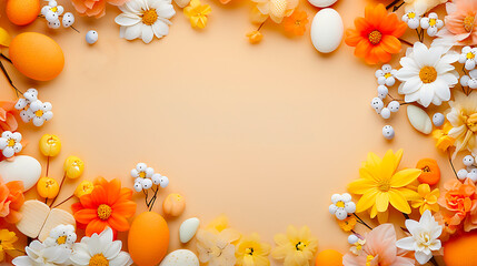 Naklejka na ściany i meble Lots of flowers and colorful Easter eggs on an orange background with copy space.