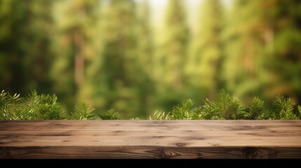 blurred forest background with empty rustic wooden table for product mockup display, optimizing lighting to create a natural ambiance