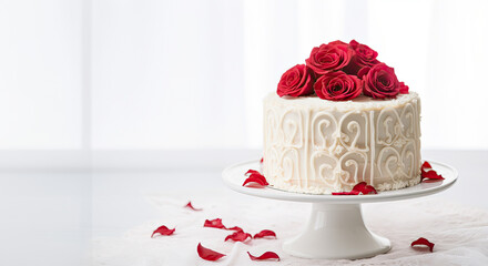 An elegant Valentine's Day cake adorned with edible red roses and beautiful pattern, copy space