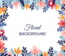 Colorful background of bright stylized flowers and leaves on a white background.Flat design template for invitation, banner, poster,discount,flyer, wallpaper,brochure,greeting card.Vector illustration