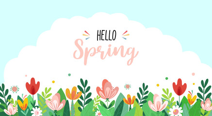 Spring or summer background with colorful green leaves and flowers on a white background. Spring vector flat template for banner, flyer, wallpaper, brochure, greeting card. Cartoon vector illustration