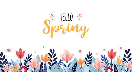 Spring or summer background with bright leaves and stylized flowers on a white background. Spring vector flat template for banner, flyer, wallpaper, brochure, greeting card.Cartoon vector illustration