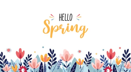 Tuinposter Spring or summer background with bright leaves and stylized flowers on a white background. Spring vector flat template for banner, flyer, wallpaper, brochure, greeting card.Cartoon vector illustration © OLHA