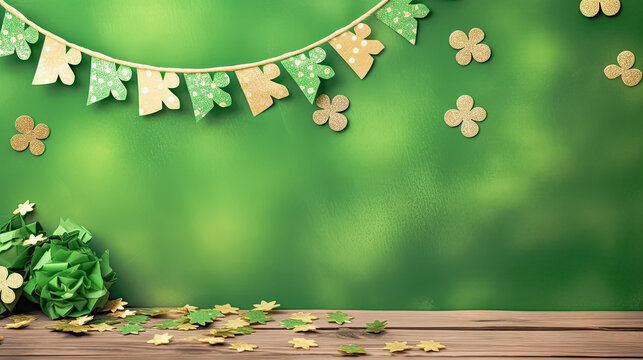 Flagged festivity, Green banners in celebration a vibrant stock image representing the joyous atmosphere and spirited revelry of St. Patricks Day.