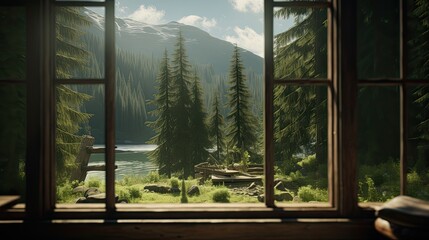 view from the window of the house to the expanses of spruce forest and mountains,