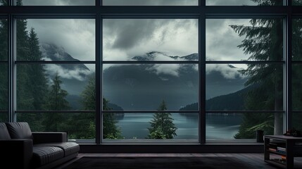 Naklejka premium view from the window of the house to the expanses of spruce forest and mountains,