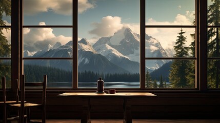 view from the window of the house to the expanses of spruce forest and mountains,