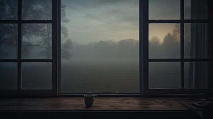 the view from the window on a foggy day to create a sense of calm and mystery.