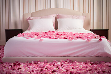 Fototapeta na wymiar A bed in a bedroom with white sheets covered with rose petals, luxurious and romantic atmosphere.