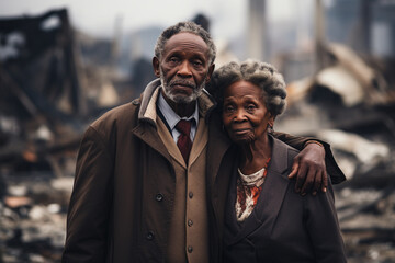 Old senior African couple hug each other looking at ruins of bombed destroyed house building due to war conflict area. Effect from war humanity mankind loss and waste big loss concept.