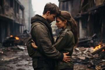 Two young people students man woman in love hug each other ruined city on background. War social...