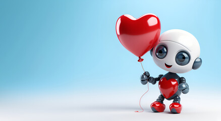 Happy robot holding a love balloon, festive mood. Valentine's Day. Copy space