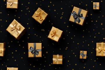 Seamless pattern of gold gift boxes or presents with black and gold ribbon on black background