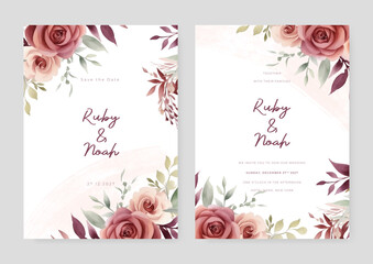 Pink and red rose luxury wedding invitation with golden line art flower and botanical leaves, shapes, watercolor