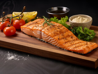 Side view of grilled salmon served with vegetables and sauce on light wooden board 