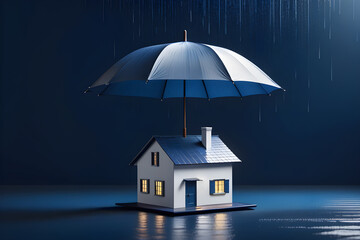house waterproofing concept, house under an umbrella on a minimalist background