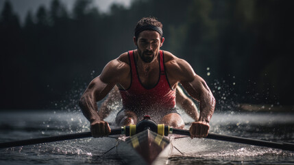 Intense rower stroke glistening water vivid jersey precision and power in rowing moment - obrazy, fototapety, plakaty
